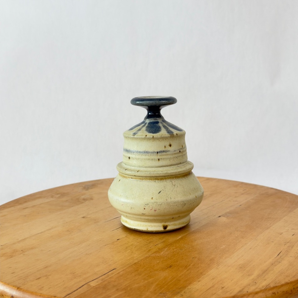Charles Piatt Art Pottery Wheel Thrown Bud Vase /Lamp Beige w Blue Floral Accent